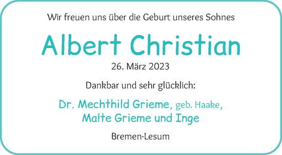 Babyanzeige von Albert Christian Grieme von WESER-KURIER