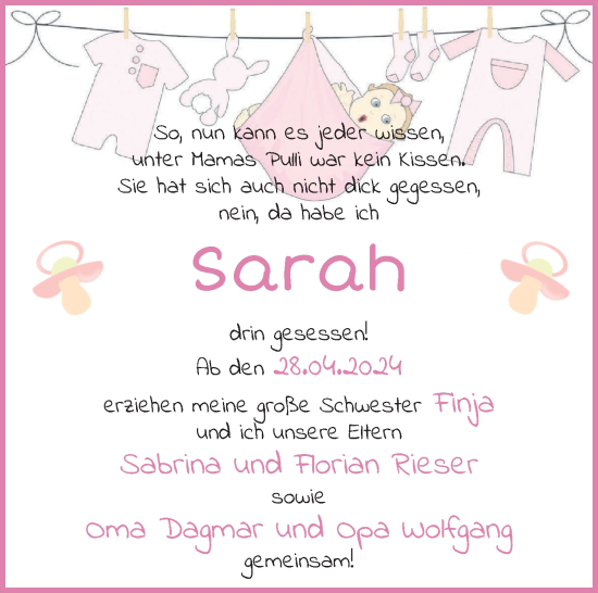 Babyanzeige von Sarah Rieser von Osterholzer Kreisblatt