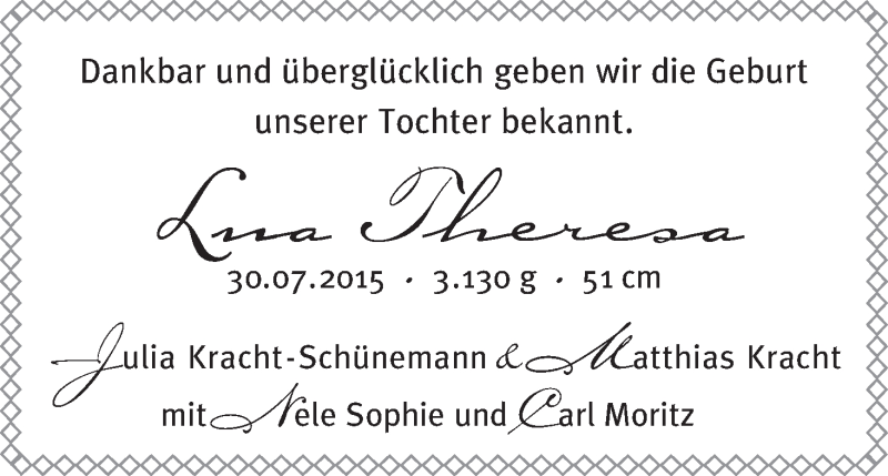 Anzeige für Lua Theresa  vom 08.08.2015 aus WESER-KURIER