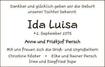 Babyanzeige von Ida Luisa Fridtjof von WESER-KURIER