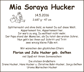 Babyanzeige von Mia Soraya Hucker von Wuemme Zeitung