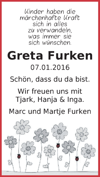 Babyanzeige von Greta Furken von Osterholzer Kreisblatt