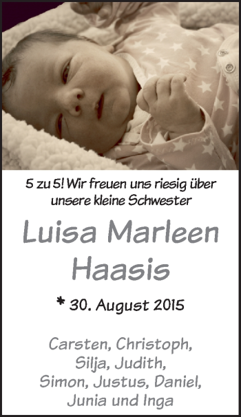 Babyanzeige von Luisa Marleen Haasis von WESER-KURIER