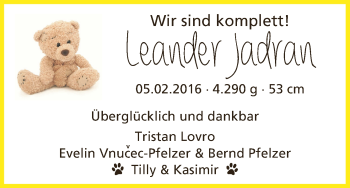 Babyanzeige von Leander Jadran  von WESER-KURIER