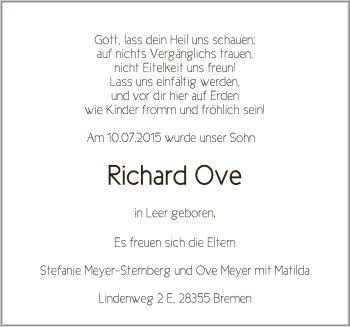 Babyanzeige von Richard Ove  von WESER-KURIER