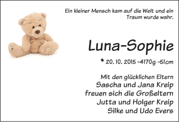 Babyanzeige von Luna-Sophie Kreip von WESER-KURIER