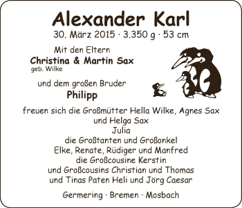 Babyanzeige von Alexander Karl Sax von WESER-KURIER