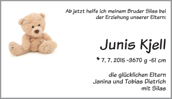 Babyanzeige von Juni Kjell  von WESER-KURIER
