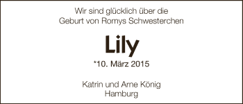 Babyanzeige von Lily König von WESER-KURIER