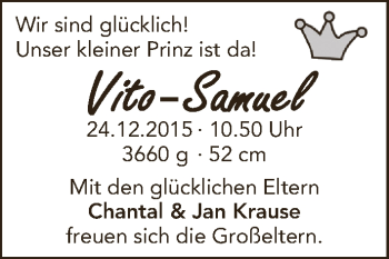 Babyanzeige von Vito-Samuel Krause von WESER-KURIER