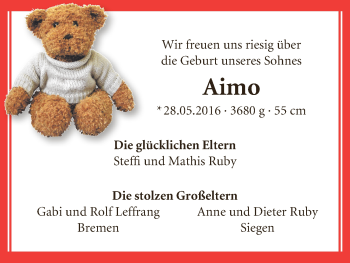 Babyanzeige von Aimo Ruby von WESER-KURIER