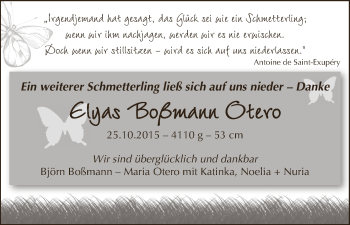 Babyanzeige von Elyas Boßmann Otero von WESER-KURIER