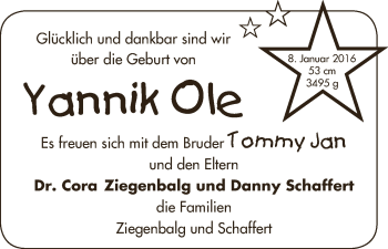 Babyanzeige von Yannik Ole Schaffart von WESER-KURIER