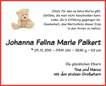 Babyanzeige von Johanna Felina Marie Paikert von WESER-KURIER