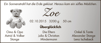 Babyanzeige von Zoe  von WESER-KURIER