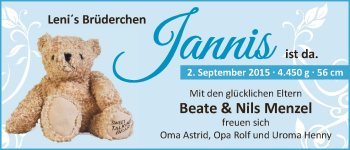 Babyanzeige von Jannis Menzel von Die Norddeutsche