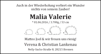 Babyanzeige von Malia Valerie Lankenau von WESER-KURIER