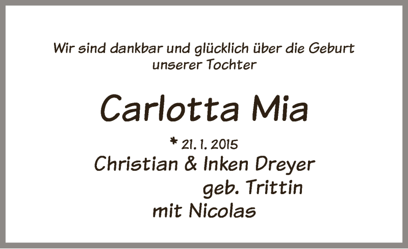 Anzeige für Carlotta Mia Dreyer vom 07.02.2015 aus WESER-KURIER