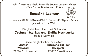 Babyanzeige von Benedikt Leander Hochgartz von WESER-KURIER