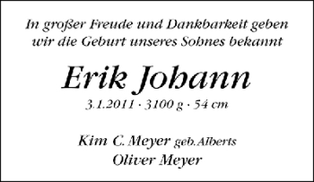Babyanzeige von Erik Johann Meyer von WESER-KURIER