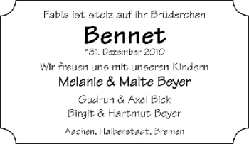 Babyanzeige von Bennet Beyer von WESER-KURIER