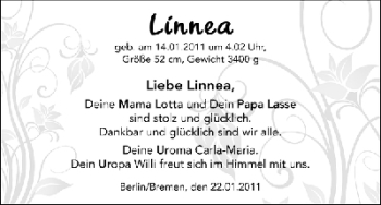 Babyanzeige von Linnea  von WESER-KURIER