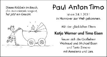 Babyanzeige von Paul Anton Timo Eisen von WESER-KURIER