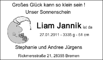 Babyanzeige von Liam Jannik Jürgens von WESER-KURIER