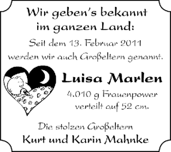 Babyanzeige von Luisa Marlen  von WESER-KURIER