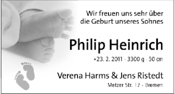 Babyanzeige von Philip Heinrich  von WESER-KURIER