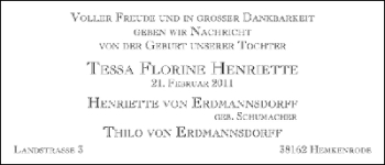 Babyanzeige von Tessa Florine Henriette von Erdmannsdorf von WESER-KURIER