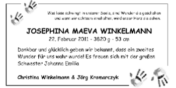 Babyanzeige von Josephina Maeva Winkelmann von WESER-KURIER