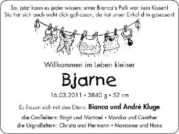 Babyanzeige von Bjarne Kluge von WESER-KURIER