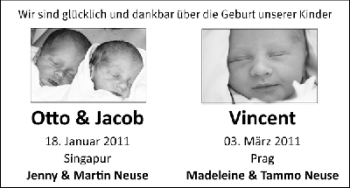 Babyanzeige von Otto, Jacob, Vincent Neuse von WESER-KURIER