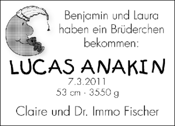 Babyanzeige von Lucas Anakin Fischer von WESER-KURIER
