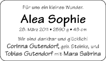 Babyanzeige von Alea Sophie Gutendorf von WESER-KURIER