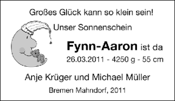Babyanzeige von Fynn-Aaron  von WESER-KURIER