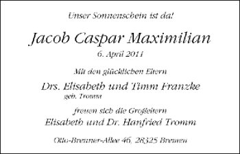 Babyanzeige von Jacob Caspar Maximilian Franzke von WESER-KURIER