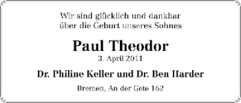 Babyanzeige von Paul Theodor  von WESER-KURIER
