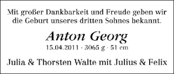 Babyanzeige von Anton Georg Walte von WESER-KURIER