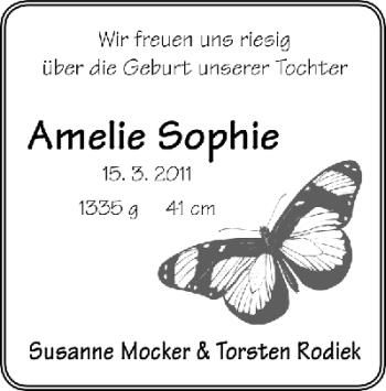 Babyanzeige von Amelie Sophie  von WESER-KURIER