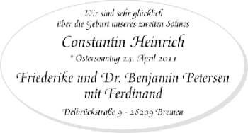 Babyanzeige von Constantin Heinrich Petersen von WESER-KURIER