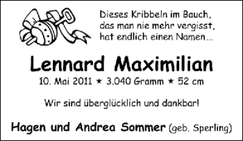 Babyanzeige von Lennard Maximilian Sommer von WESER-KURIER