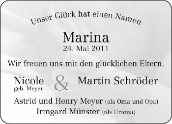 Babyanzeige von Marina Schröder von WESER-KURIER