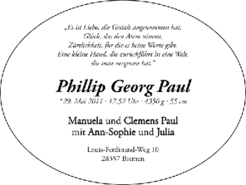 Babyanzeige von Phillip Georg Paul von WESER-KURIER