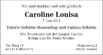 Babyanzeige von Caroline Louisa Schütte von WESER-KURIER