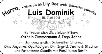 Babyanzeige von Luis Dominik  von WESER-KURIER