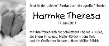 Babyanzeige von Harmke Theresa  von WESER-KURIER