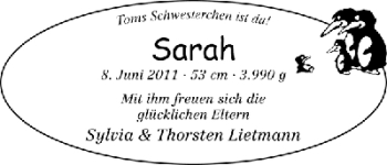 Babyanzeige von Sarah Lietmann von WESER-KURIER