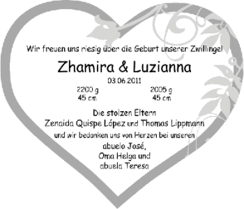 Babyanzeige von Zhamira und Luzianna  von WESER-KURIER